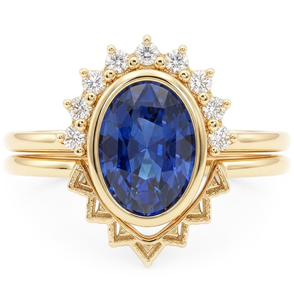 Natürlicher Diamant ( nicht im Labor gezüchtet )-Verlobungsring-Set Lünetten-Set Blauer Saphir 3 Karat