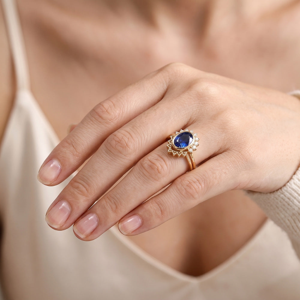 Natürlicher Diamant ( nicht im Labor gezüchtet )-Verlobungsring-Set Lünetten-Set Blauer Saphir 3 Karat