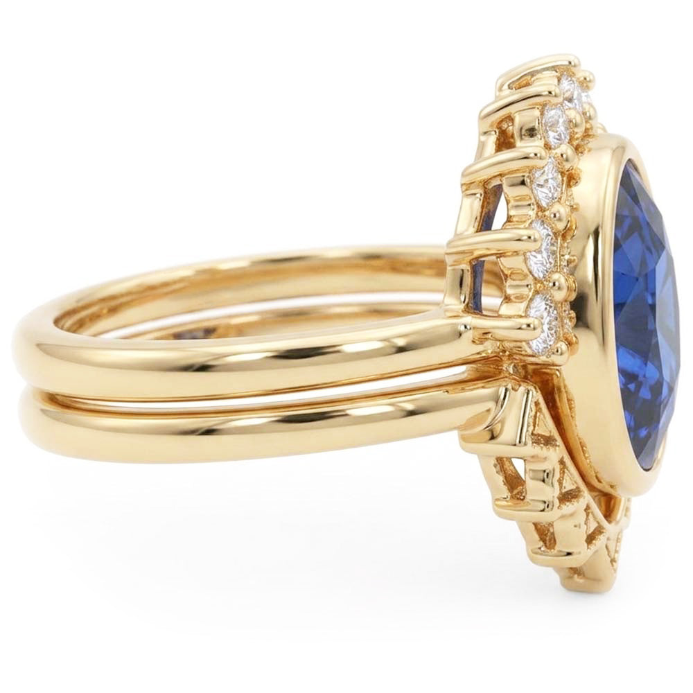 Natürlicher Diamant ( nicht im Labor gezüchtet )-Verlobungsring-Set Lünetten-Set Blauer Saphir 3 Karat