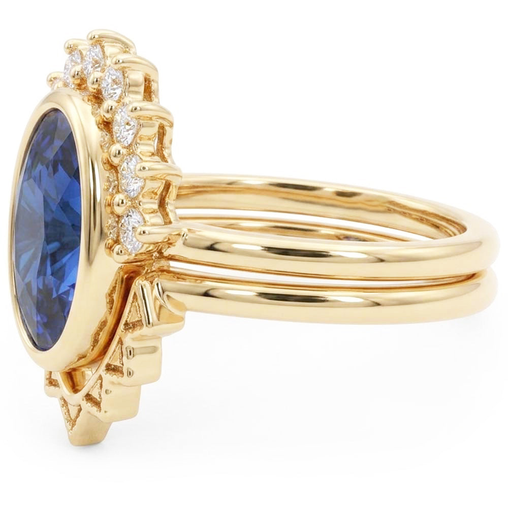 Natürlicher Diamant ( nicht im Labor gezüchtet )-Verlobungsring-Set Lünetten-Set Blauer Saphir 3 Karat