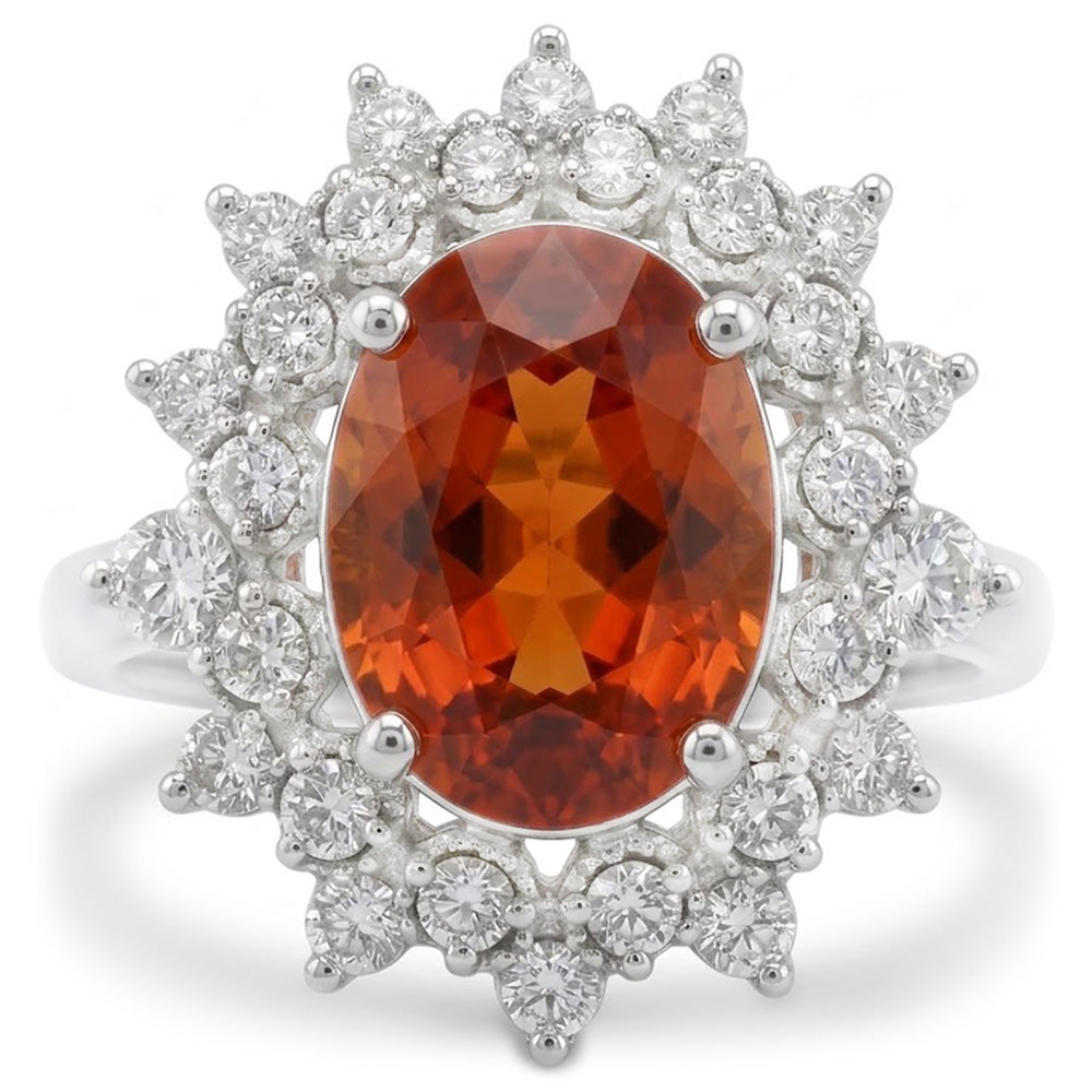Natürlicher Mandarin Granat mit Aus der Erde Abgebauter Natürlicher Diamanten 10,25 Kt Ring Weißgold 14K