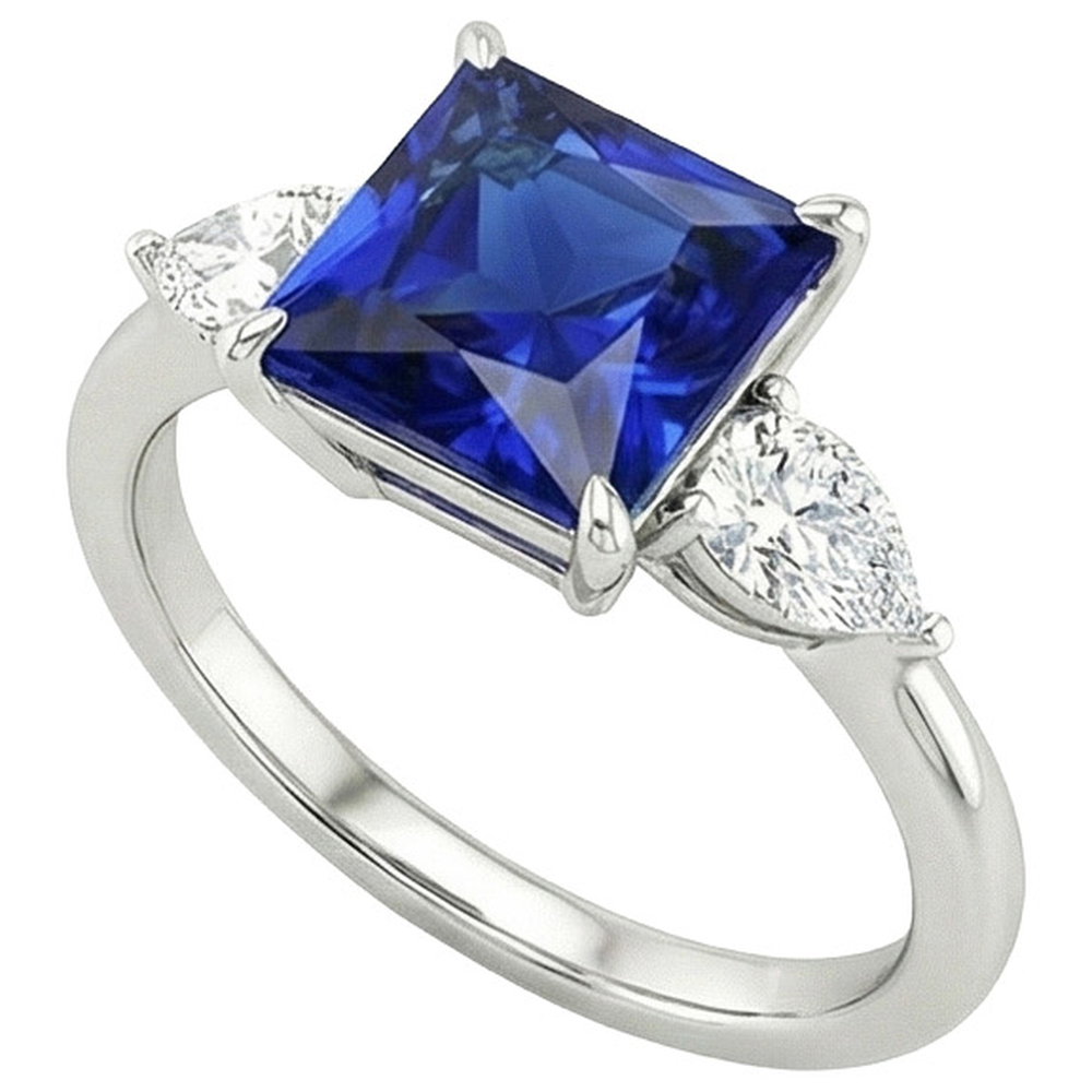 Natürlicher Princess Ceylon Saphir & Birne Aus der Erde Abgebauter Natürlicher Diamant 3 Stein Ring 4 Karat