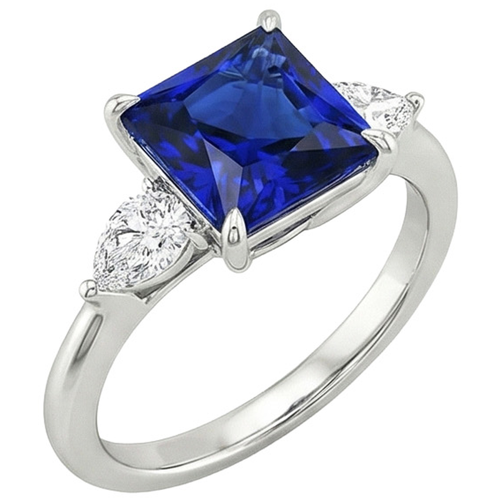 Natürlicher Princess Ceylon Saphir & Birne Aus der Erde Abgebauter Natürlicher Diamant 3 Stein Ring 4 Karat