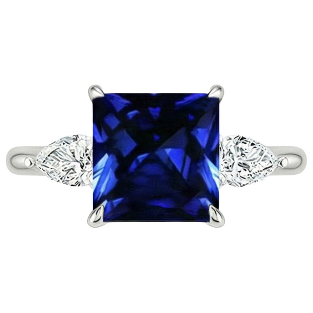 Natürlicher Princess Ceylon Saphir & Birne Aus der Erde Abgebauter Natürlicher Diamant 3 Stein Ring 4 Karat
