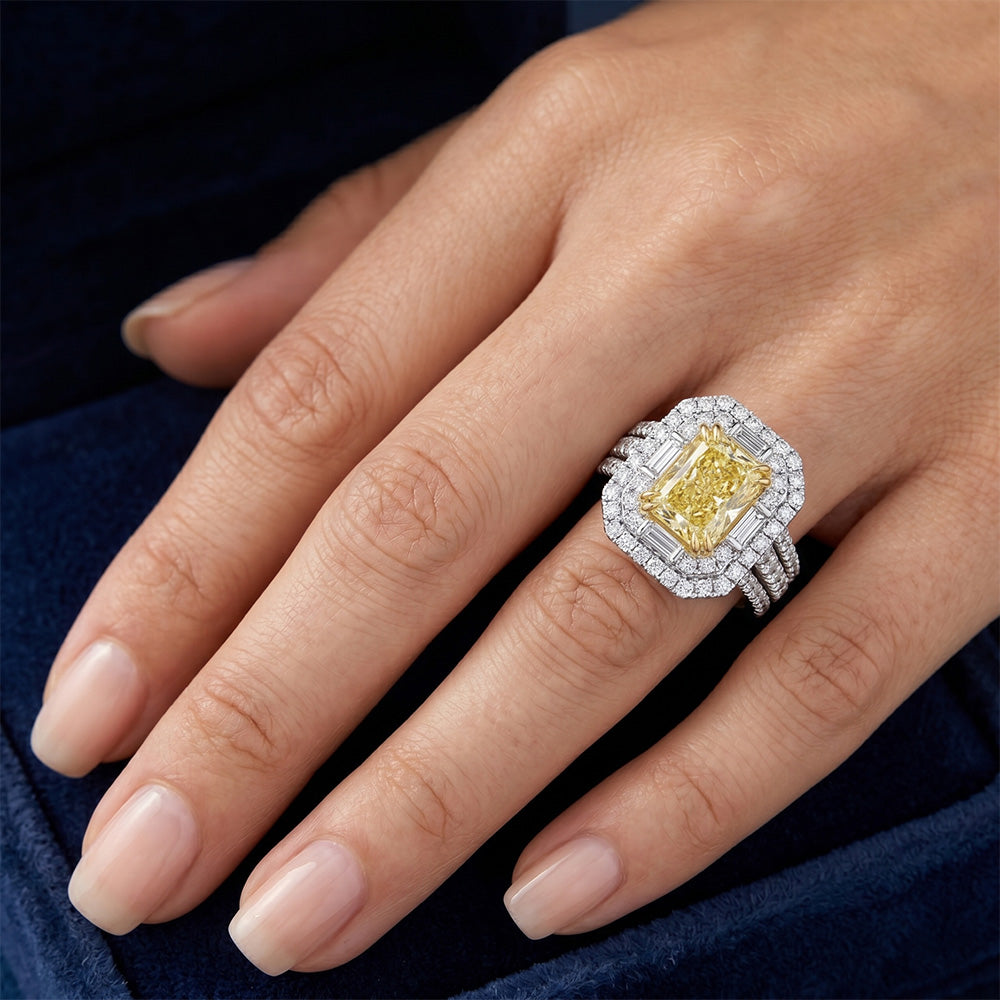 Natürlicher Radiant Fancy Gelber Diamant Halo-Fassung Ring – 2,5
