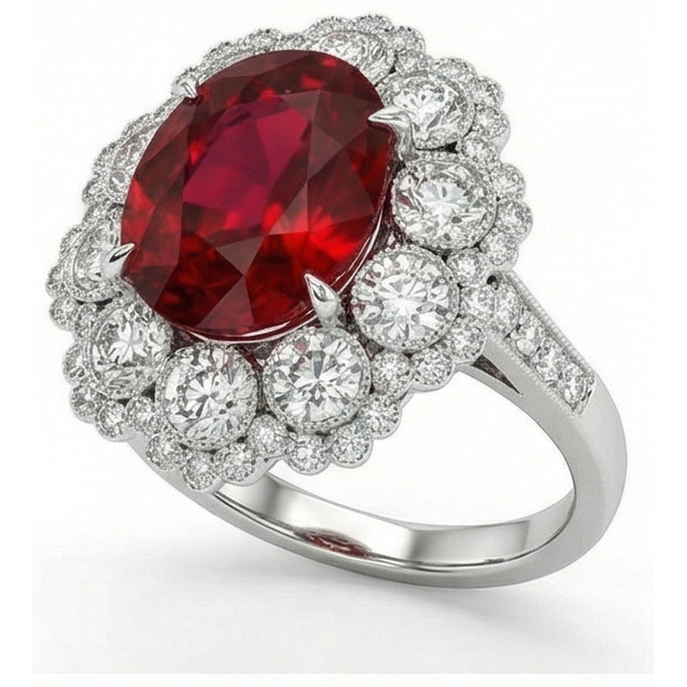 Natürlicher Rubin und Aus der Erde Abgebauter Natürlicher Diamant Ehering Weißgold 14K 4,50 Karat