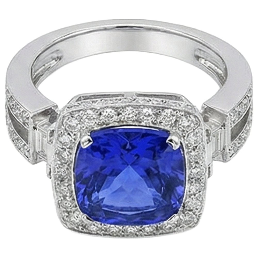 Natürlicher Tansanit mit Aus der Erde Abgebauter Natürlicher Diamanten 5,40 ct Ring 14K Weißgold