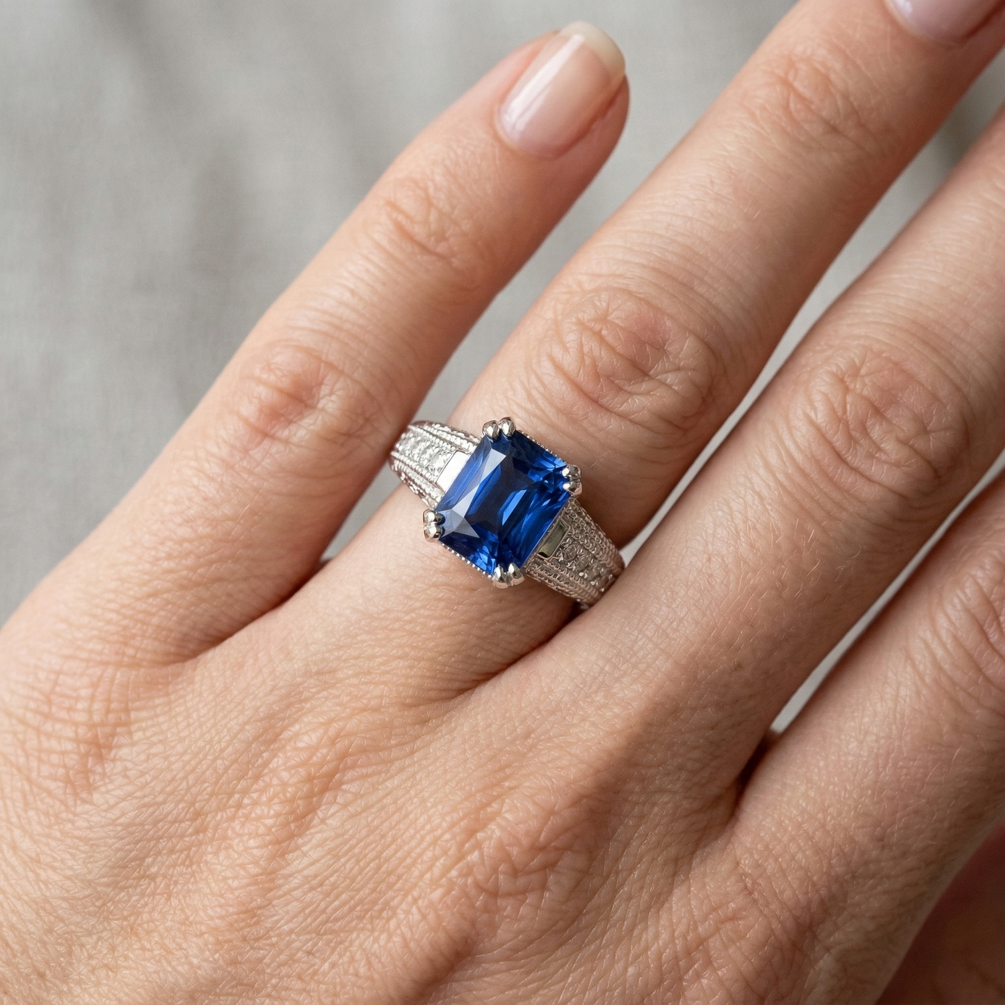 Natürlicher Diamant ( nicht im Labor gezüchtet )-Saphir-Verlobungsring im antiken Stil, 4 Karat, Doppelstift