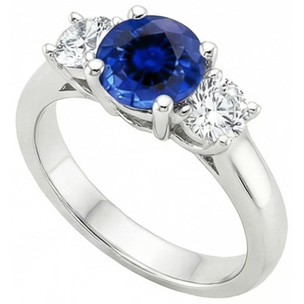 Neu Drei-Steine-Goldring runder Ceylon-Saphir und Aus der Erde Abgebauter Natürlicher Diamanten 3 Karat