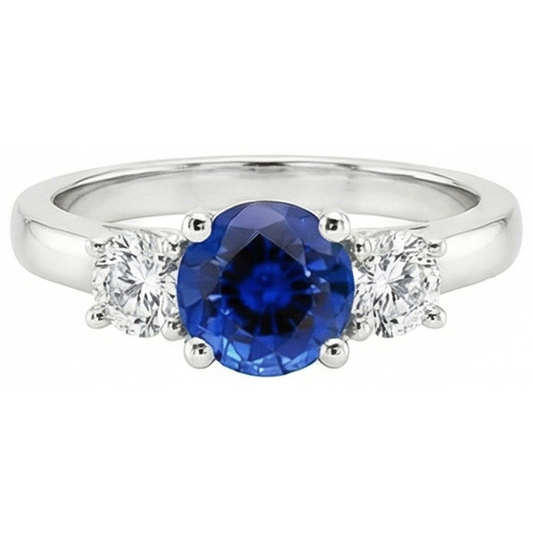 Neu Drei-Steine-Goldring runder Ceylon-Saphir und Aus der Erde Abgebauter Natürlicher Diamanten 3 Karat