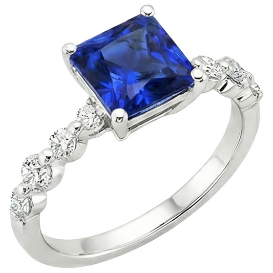 Neu Gold Princess Cut Natürlicher Blauer Saphir Mit Akzenten Ring 4 Karat