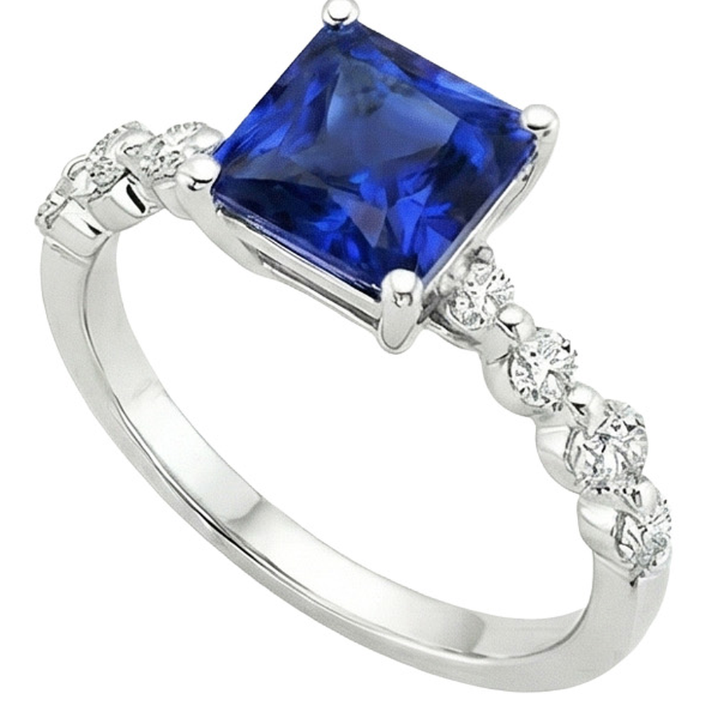 Neu Gold Princess Cut Natürlicher Blauer Saphir Mit Akzenten Ring 4 Karat