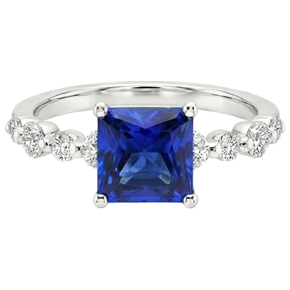 Neu Gold Princess Cut Natürlicher Blauer Saphir Mit Akzenten Ring 4 Karat