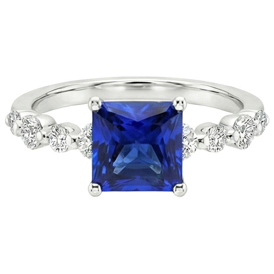 Neu Gold Princess Cut Natürlicher Blauer Saphir Mit Akzenten Ring 4 Karat