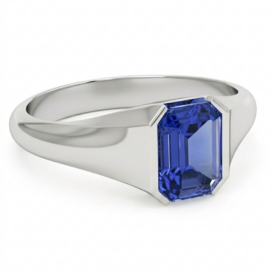 Neu Herrenring Smaragdschliff Solitär Blauer Saphir Weißgold 4 Karat