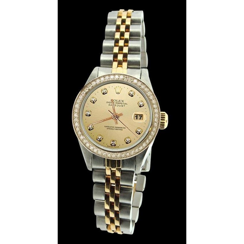 Nur dame-Uhr aus Edelstahl und Golden mit Datumsanzeige, Diamant-Zifferblatt und Lünette von Rolex
