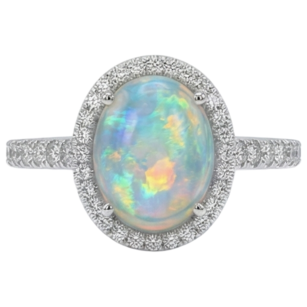 Opal und Aus der Erde Abgebauter Natürlicher Diamanten 11,20 Karat Jubiläumsring 14K Weißgold