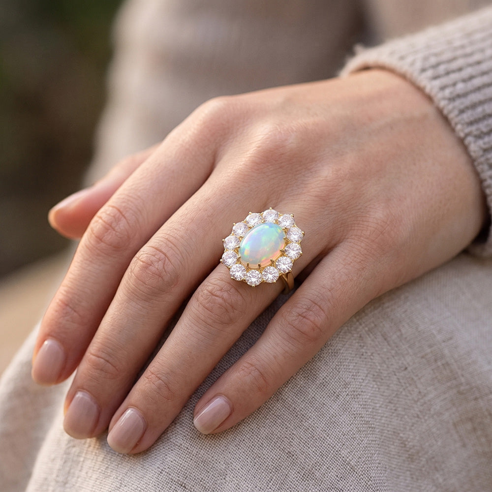 Opal und Aus der Erde Abgebauter Natürlicher Diamanten 6,75 Karat Jubiläumsring Gold 14K Neu