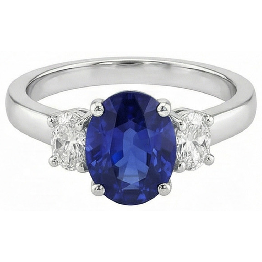 Oval Aus der Erde Abgebauter Natürlicher Diamant 3 Steine Ring Weißgold Ceylon Saphir Edelstein 5 Karat