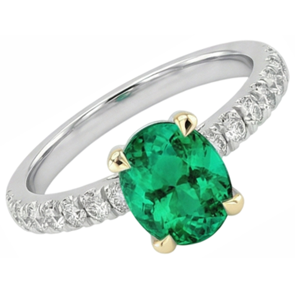 Kolumbianischer Smaragd Oval-Schliff Farbstein-Ring in 14 Karat Zweifarbig Gold – Schrägansicht