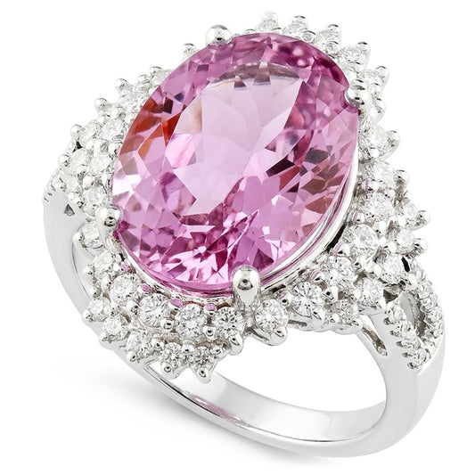 Oval Cut Kunzit mit runden Aus der Erde Abgebauter Natürlicher Diamanten 18,25 Karat Ring Gold Weiß