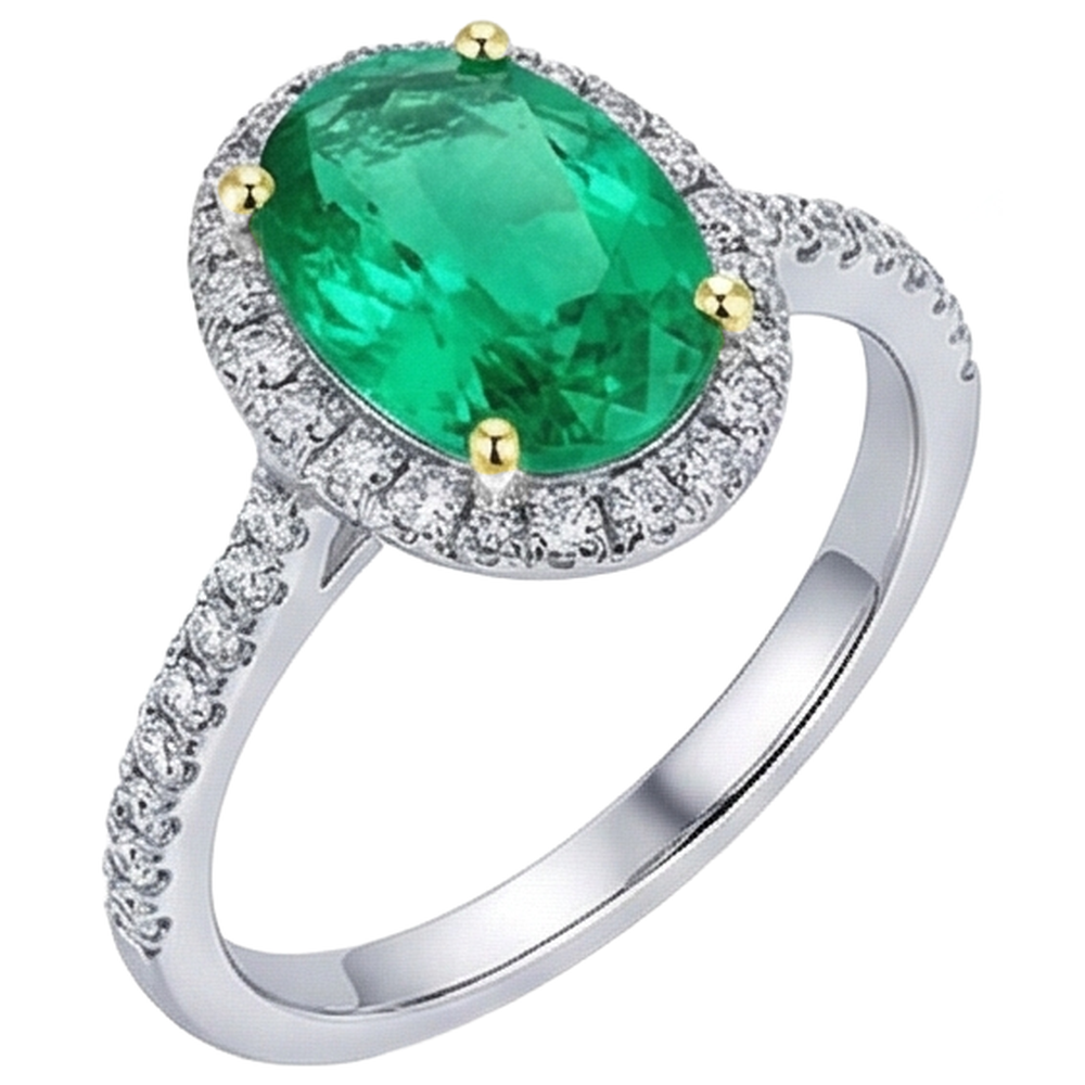 Edler Smaragd Oval Edelstein-Ring in Bicolor 14K Gold – Frontansicht