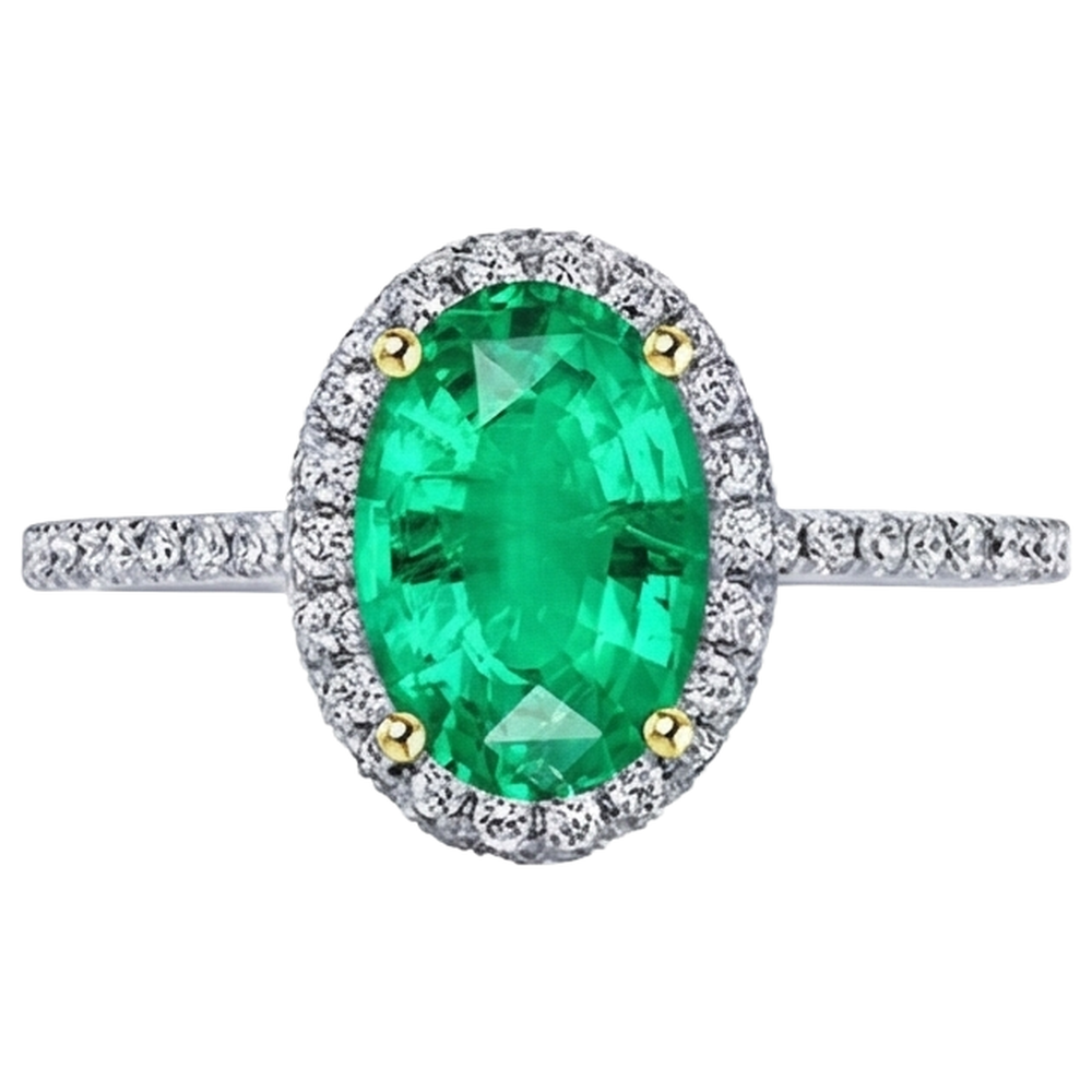 Oval Edler Smaragd Ring in Bicolor 14K Gold – Schrägansicht