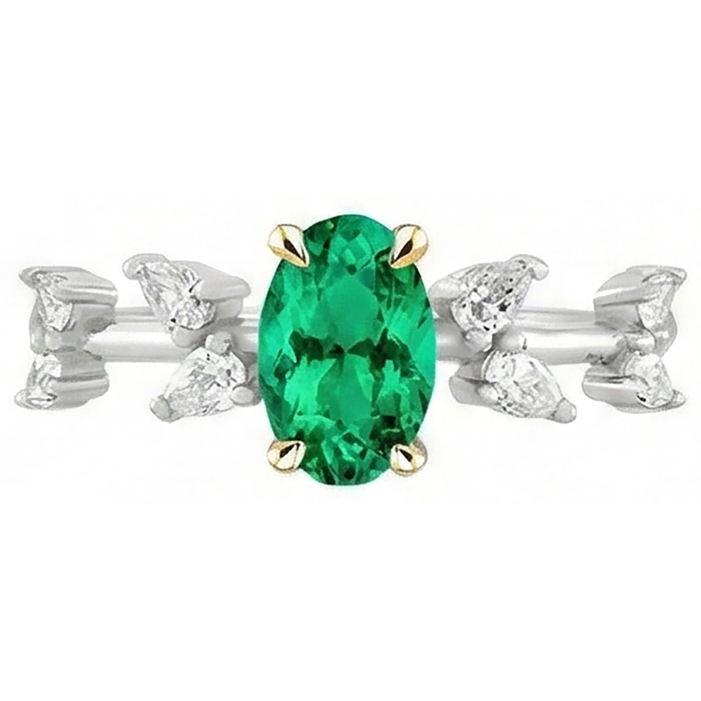 Edler Smaragd Oval Farbstein-Ring in Zweifarbiges 14K Gold – Frontansicht