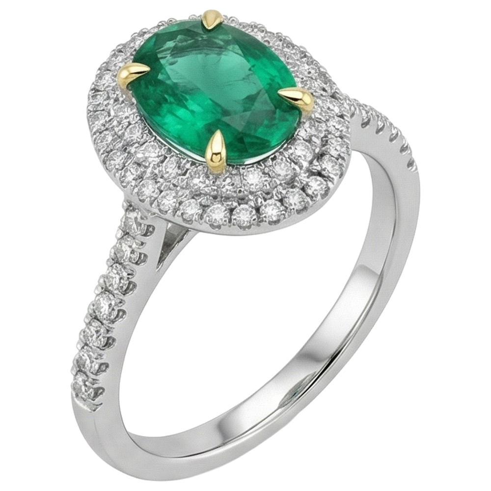Erdgewonnener Smaragd Farbstein-Ring 3,50 Karat Bicolor 14K Gold – Schrägansicht