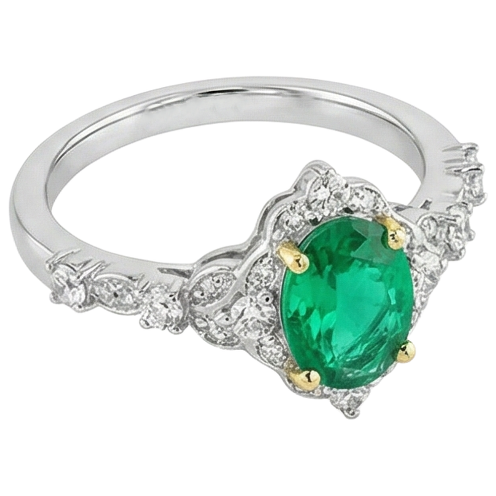 Oval Edler Smaragd Ring in Zweifarbiges 14K Gold – Schrägansicht
