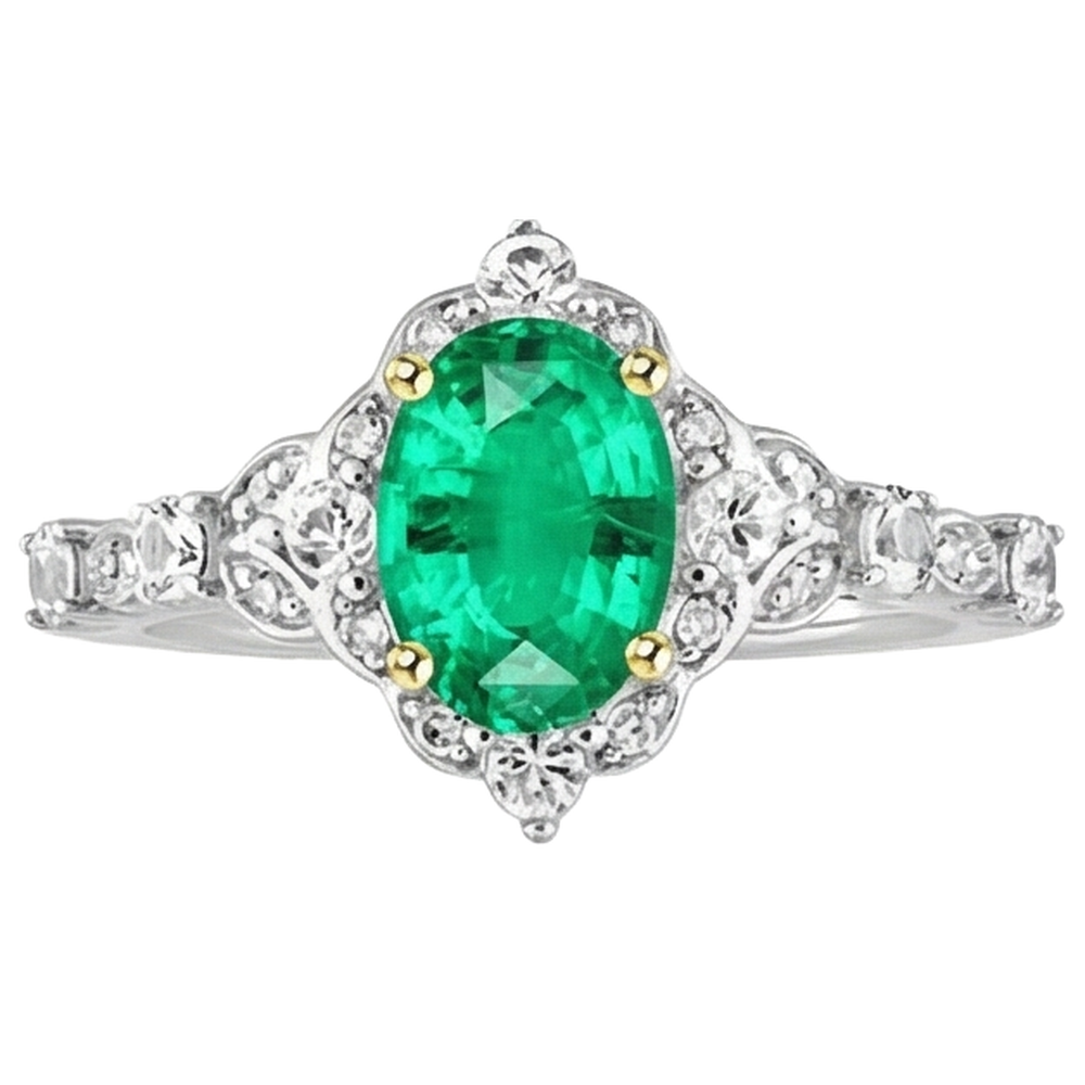 Authentischer Edler Smaragd Edelstein-Ring 2 Karat Zweifarbiges 14K Gold – Frontansicht