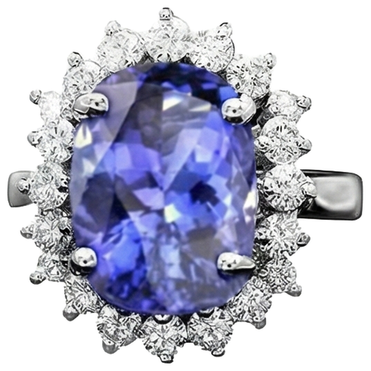Ovaler AAA Tansanit und Aus der Erde Abgebauter Natürlicher Diamanten 8 Karat Ring Neu Weißgold 14K