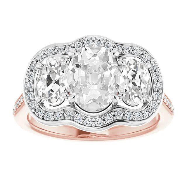Ovaler Altschliff-Echt Diamant-Halo-Ring Zweifarbiger Krappensatz 12 Karat
