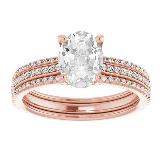 Ovaler Altschliff-Echt Diamant-Verlobungsring-Set Zinken 9 Karat