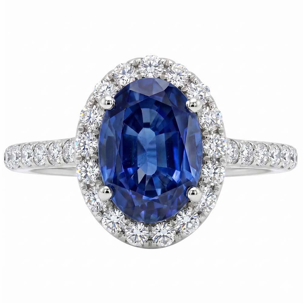 Ovaler Aus der Erde Abgebauter Natürlicher Diamant Halo Ring Blauer Saphir Akzent Weißgold 5,50 Karat