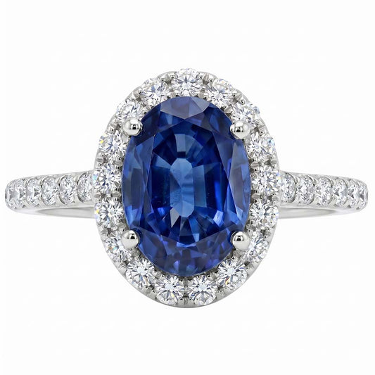 Ovaler Aus der Erde Abgebauter Natürlicher Diamant Halo Ring Blauer Saphir Akzent Weißgold 5,50 Karat
