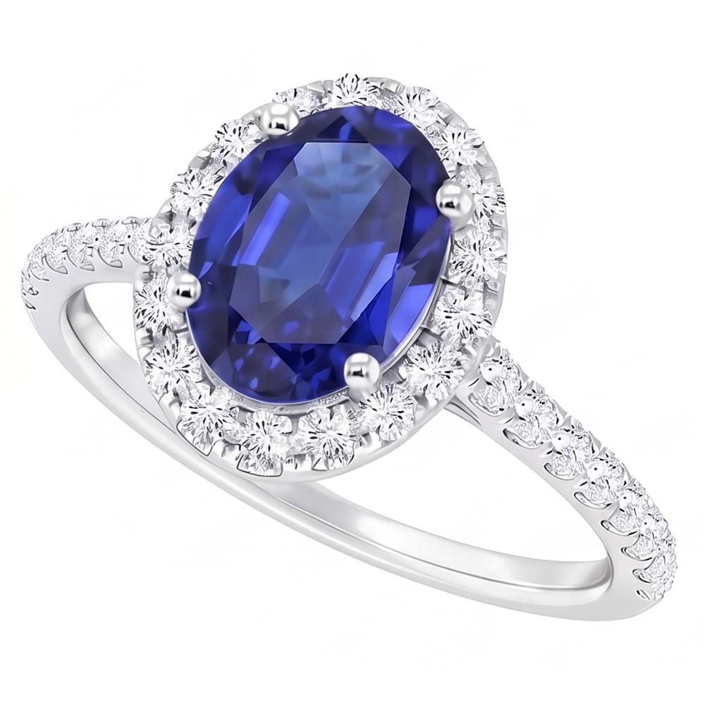 Ovaler Aus der Erde Abgebauter Natürlicher Diamant Halo Ring Blauer Saphir Akzent Weißgold 5,50 Karat
