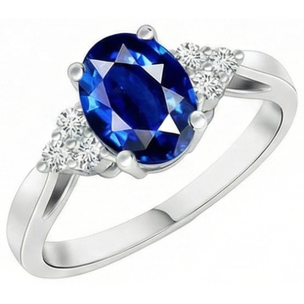 Ovaler Ceylon-Saphir-Aus der Erde Abgebauter Natürlicher Diamant-Ring 6 Karat Weißgold mit geteiltem Schaft