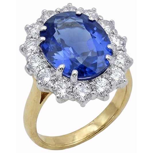Ovaler Ceylon Saphir Aus der Erde Abgebauter Natürlicher Diamanten 8.51 Ct Ring Zweifarbiges Weißgold 14K