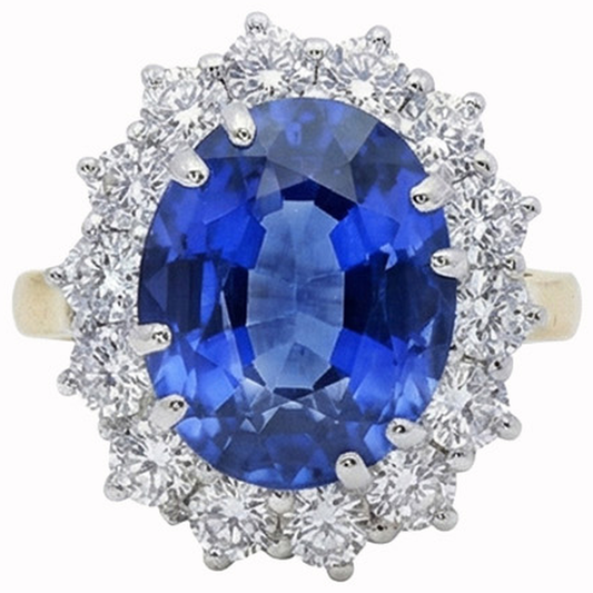 Ovaler Ceylon Saphir Aus der Erde Abgebauter Natürlicher Diamanten 8.51 Ct Ring Zweifarbiges Weißgold 14K