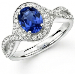 Ovaler Ceylon Saphir & runder Aus der Erde Abgebauter Natürlicher Diamant Ring 1.55 Karat Weißgold 14K