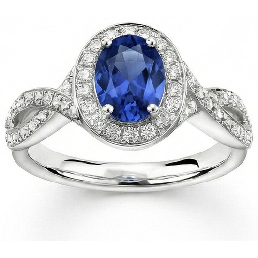 Ovaler Ceylon Saphir & runder Aus der Erde Abgebauter Natürlicher Diamant Ring 1.55 Karat Weißgold 14K