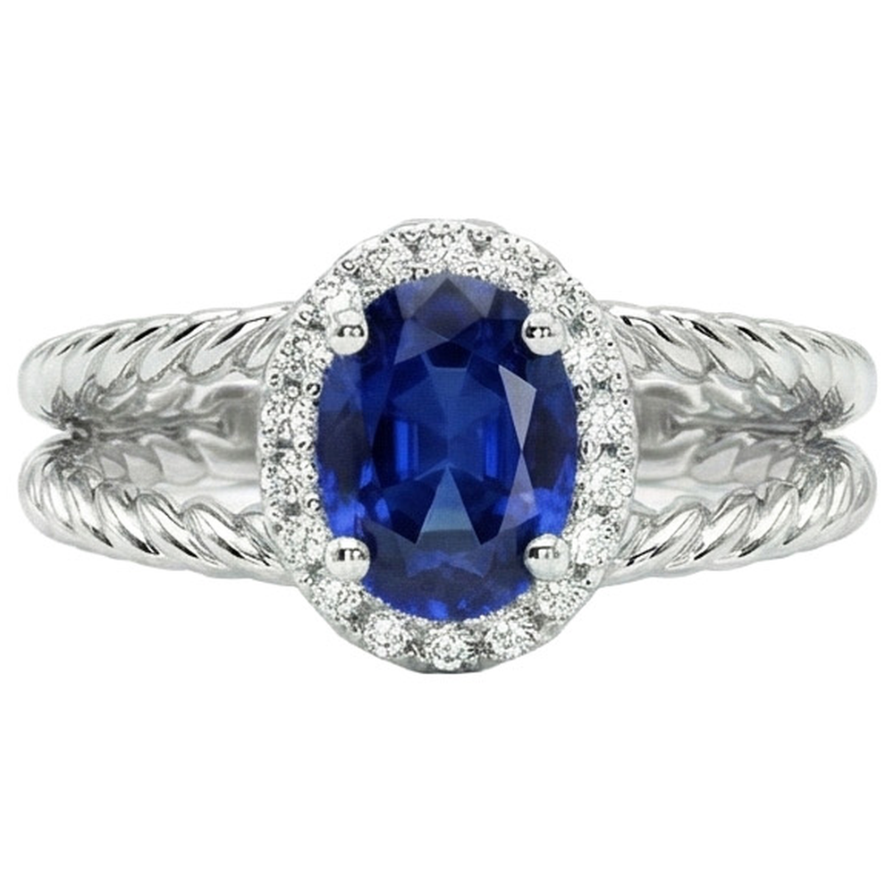 Ovaler Fancy Ring mit Saphir und Aus der Erde Abgebauter Natürlicher Diamant 1,55 Karat 14K Weißgold