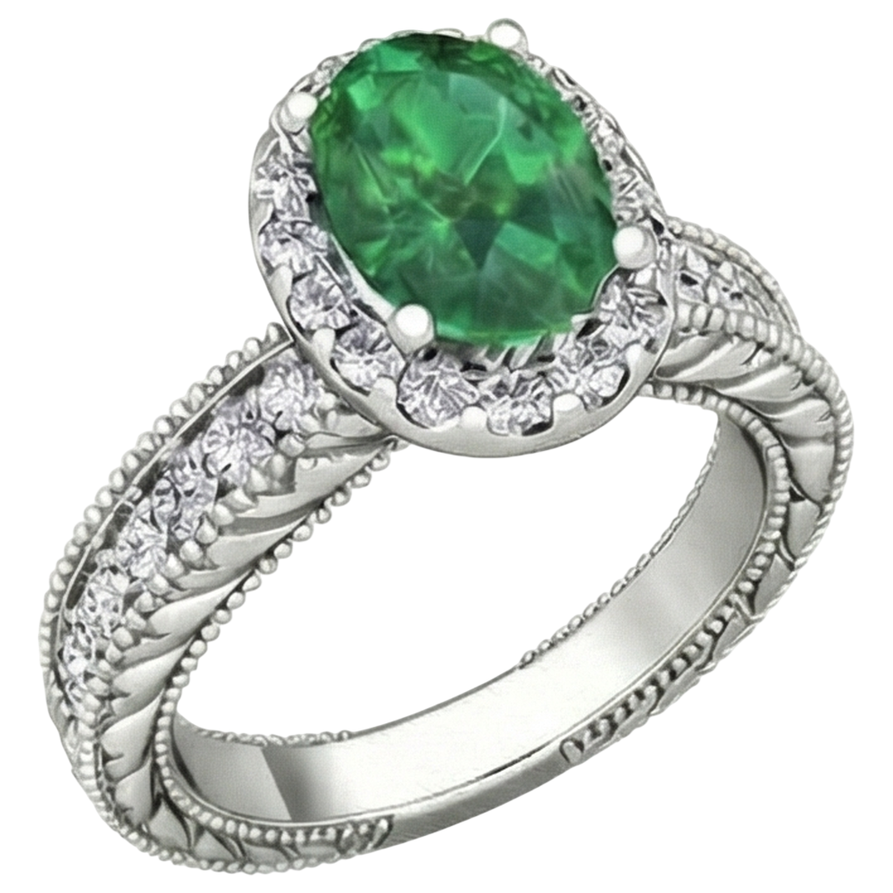 Ovaler Grün Smaragd Aus der Erde Abgebauter Natürlicher Diamant 3,50 Karat Edelstein Ring 14K Weißgold