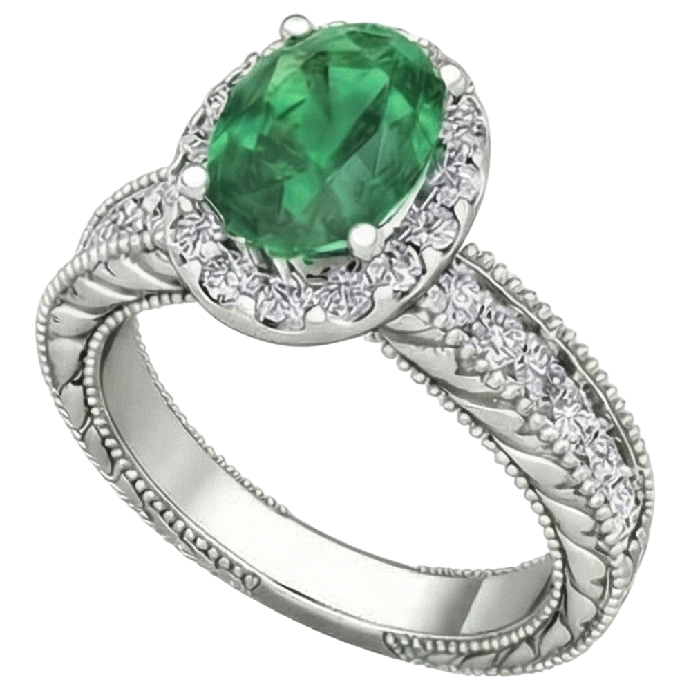 Ovaler Grün Smaragd Aus der Erde Abgebauter Natürlicher Diamant 3,50 Karat Edelstein Ring 14K Weißgold