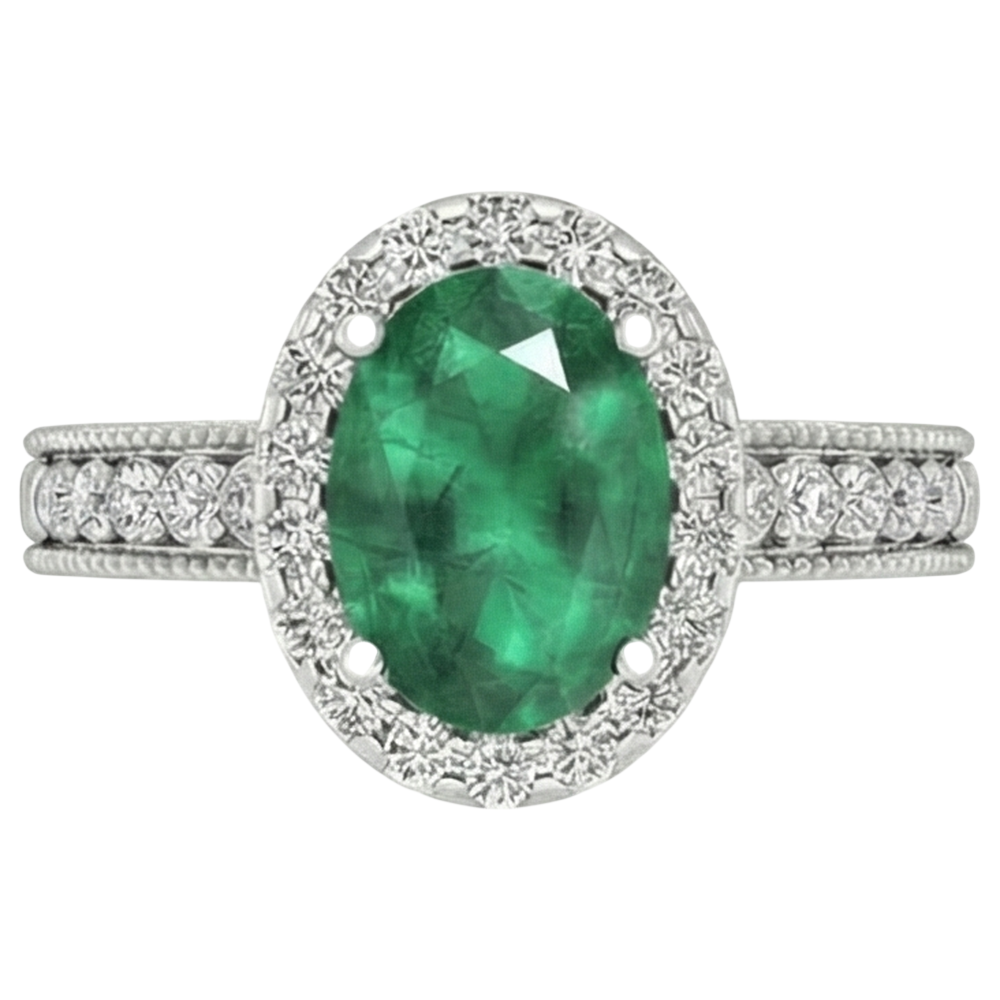 Ovaler Grün Smaragd Aus der Erde Abgebauter Natürlicher Diamant 3,50 Karat Edelstein Ring 14K Weißgold