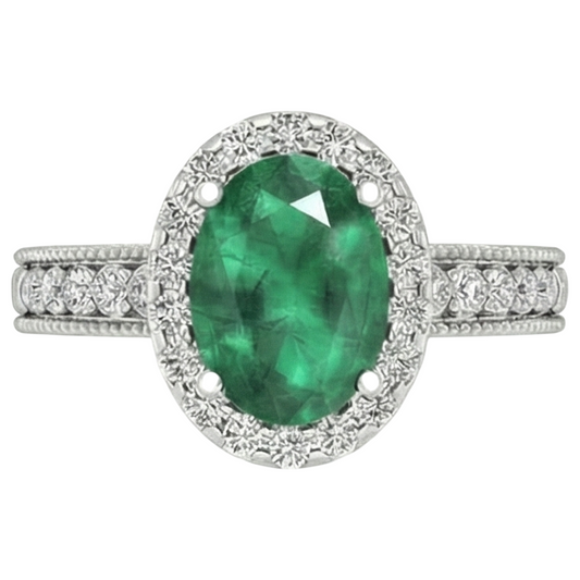 Ovaler Grün Smaragd Aus der Erde Abgebauter Natürlicher Diamant 3,50 Karat Edelstein Ring 14K Weißgold
