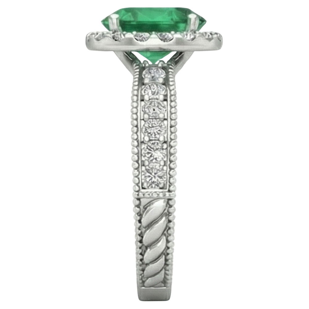 Ovaler Grün Smaragd Aus der Erde Abgebauter Natürlicher Diamant 3,50 Karat Edelstein Ring 14K Weißgold