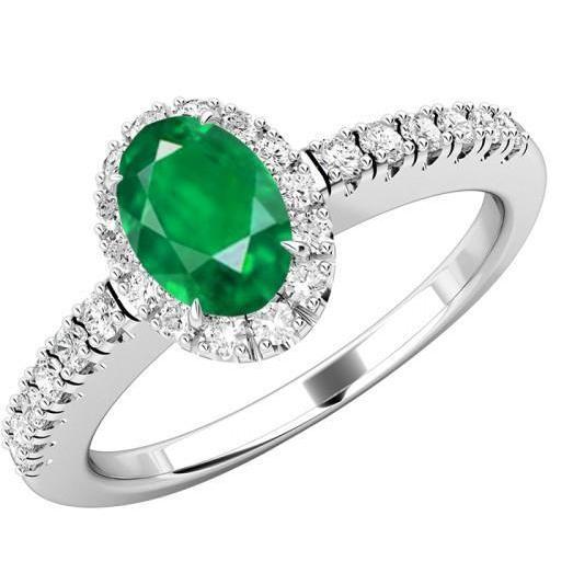 Ovaler Grün Smaragd & Runder Diamant 3,65 Karat Edelsteinring Weißgold 14K