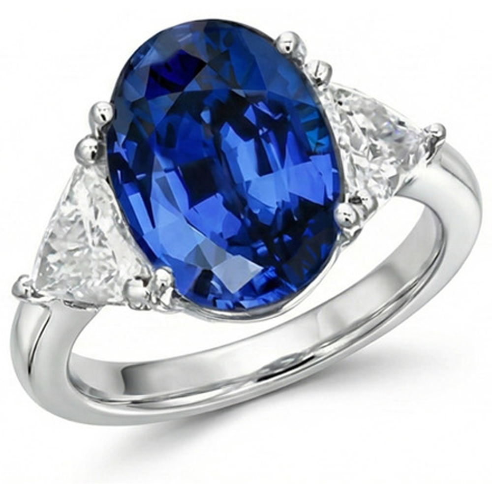 Ovaler Ring mit 3.50 ct. und Trillion Ceylon-Saphir-Aus der Erde Abgebauter Natürlicher Diamanten in Weißgold